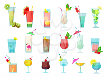 Cocktails. Glasses with alcoholic drinks transparent cocktail mix with fruits margarita vodka martini sambuca vector pictures. Alcohol cocktail in glass, martini drink beverage margarita illustration