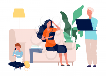 Gadget addiction. Family with laptop, tablet and smartphone. Parents and child spend time on Internet vector illustration. Addiction family internet, man and woman with computer