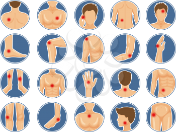 Body pain icon. Human anatomy parts shoulders legs had physical injury red pain dots vector pictures. Set of dots pain, trauma joint, back and muscle illustration