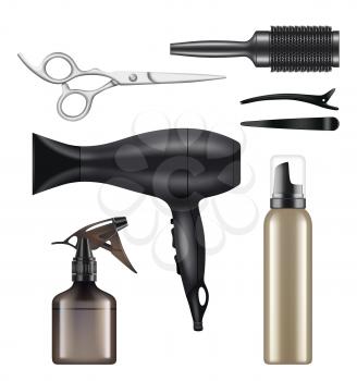 Barber shop. Hairdressing tools for hair stylist worker beauty dryer scissors machine for shaving vector realistic pictures. Hair machine, barber hairstyle equipment illustration