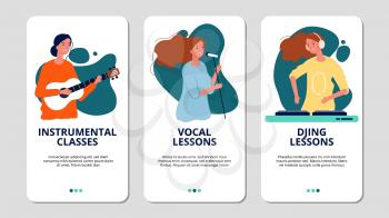 Music school web banners. Vocal, instrumental and DJ courses. Girls sing and play guitar vector flyers. Musical sound banner, vocal and dj illustration