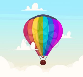 Hot air balloon in sky. Romantic flight in clouds outdoor travel symbols vector background. Illustration air balloon, flight, flying and exploration