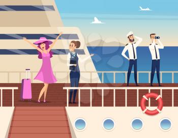 Captain on the sea ship. Sailor cruise team boat officer and stuart travel vector concept background. Captain uniform and cruise passenger woman illustration