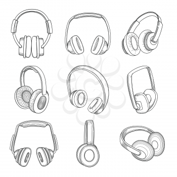 Music headphones. Electronic technology different gadgets vector sketches set. Music audio, electronic headphone, musical earphone illustration