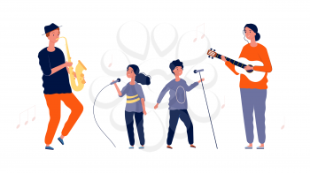 Children singers. Music and vocal lessons for children. Artists girl boy with microphones and adult musicians. Performance of singer vector illustration. Singer boy and girl, music vocal performance