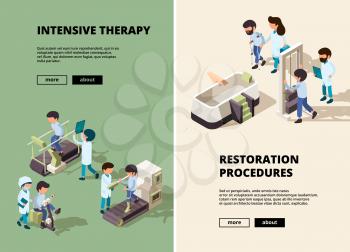 People rehabilitation. Doctor care to disabled person assistant show different exercises vector vertical banners. Illustration rehabilitation medical, doctor physiotherapist assistance recovery