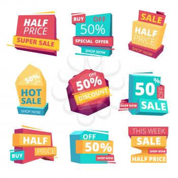 Half price badges. Advertizing sale banners tags and promo labels vector collection. Price discount percent, half offer badge illustration
