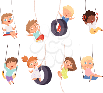Swing rides. Gymnastic exercise of childrens on rope amusement attraction happy kids vector set. Childhood play cheerful, swinging activity illustration