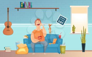  Lazy man on couch eating fast food vector illustration. Person lazy on sofa eating unhealthy