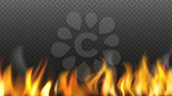 Realistic fire background. Flame isolated on transparent background. Burning light vector illustration. Fire light for design, flame fiery burn