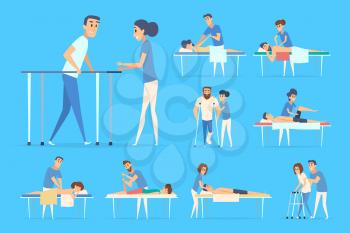 Physiotherapy people. Stretching sport exercises chiropractic remedial massage doctors and patients vector therapy procedures. Medical rehabilitation, physiotherapist care patient illustration