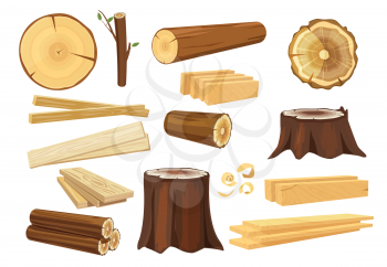 Wooden industry. Lumber trunks stacking log vector forestry objects stump and branches collection. Illustration industry lumber, stump cut carpentry