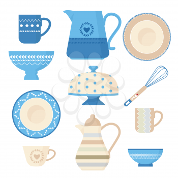 Ceramic cookware. Kitchen utensils trendy decorative tools plating bowl handmade dishes teapots cups and mugs vector illustrations. Plate and dish, pitcher and teacup, pattern household mug and jug