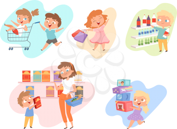 Kids shopping. Children playing in grocery market fashioned family happy kids vector. Kid shopping grocery or market, happy people in shop illustration