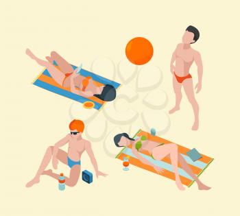 Summer people isometric. Male and female vacation characters in summer clothes vector persons collection. Male on vacation beach, bathing holiday illustration