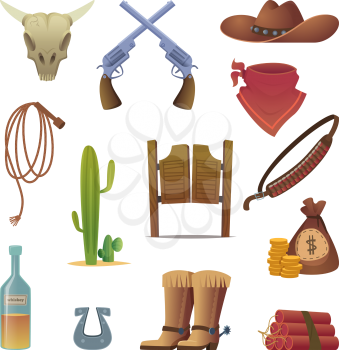 Wild west icon. Cowboys country western symbols saloon boots rodeo lasso vector cartoon collection. Illutsration of wild west, gun and hat, horseshoe and lasso