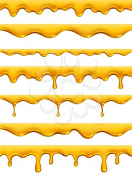 Honey dripping seamless. Yellow golden natural product honey splashes realistic syrup liquid oil vector patterns collection. Illustration droplet oil or honey, golden fluid drip