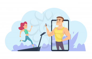 Online fitness coach. Personal training vector concept. Online training vector illustration with running girl. Fitness coach watching to woman do exercise