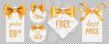 Sale tags. Gold silk bows and promo badges. Vector holidays sale labels with decorative satin ribbons isolated on transparent background. Illustration sale free, satin label to marketing