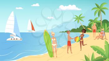 Beach vacation. Summertime, young people with cocktails, ball and surfboard on sea. Ocean relax vector illustration. Summer beach, woman and man holiday outdoor summertime