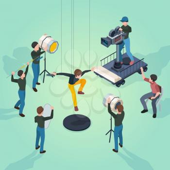Movie set. Film makers director actors and technical staff working video production process cameras technic vector isometric. Illustration process isometric, shooting video and filmmaking