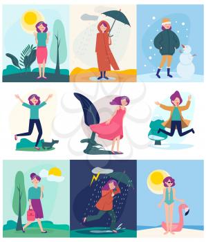 Seasonal woman. Different weather outdoor character walking in different season conditions rainy windy snow storm or hot sun vector people. Woman summer and snow, spring and autumn illustration