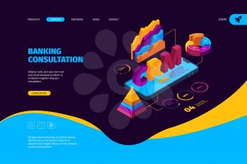 Crm isometric. Business landing page with organization tools and graphs sales systems customer client service software crm marketing vector concept. Crm online for business, automation illustration