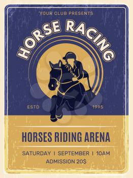 Equestrian poster. Horse domestic ride animals with jockey in helmet training club placard vector vintage template. Banner racehorse, racing championship on hippodrome illustration