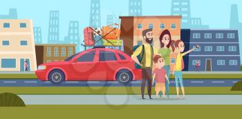 Family go to road trip. Happy mom dad and children making selfie on city street. Travel together on car vector illustration. Trip road family, holiday travel and journey
