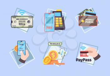 Mobile payments. Business concept pictures online banking nfc mobility innovative systems phone commercial transaction vector flat illustration. Service transaction innovation, transfer use smartphone