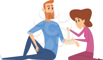 Broken arm. Woman applies bandage to man. Injury, emergency medical help vector illustration. Medical care bandage, man with fracture injury