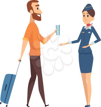 Man with fly ticket. Cartoon guy going on plane board with luggage. Stewardess and passenger, isolated vector characters. Illustration travel guy with ticket and baggage