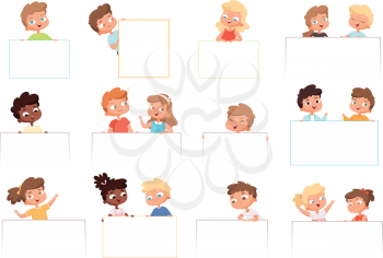 Childrens with banners. Kids holding blank white frames happy boys and girls vector cartoon characters. Illustration childhood boy and girl with paper billboard