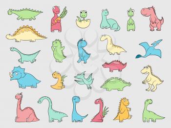 Funny dinosaurs. Ancient angry animals wild dinosaurs dragons reptiles vector illustration. Dinosaur prehistoric animal, predator wild reptile