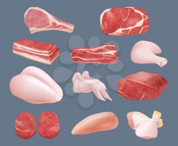 Raw meat. Plastic transparent packages with beef chicken pork and steak products animals sliced parts vector realistic. Illustration raw food, meat fresh cooking