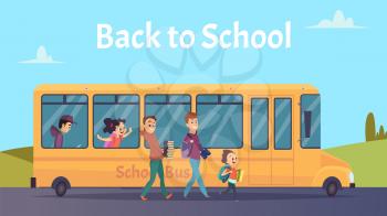 School bus. Students transportation, happy boya girls go to study vector illustration. Childhood and preschool bus going to school