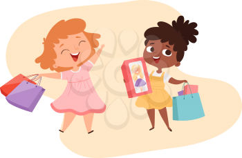 Girls with gifts. Happy little princesses with boxes and bags. Cute cartoon afro american baby shopping character. International friendship, kids friends vector illustration. Happy child girls shopper
