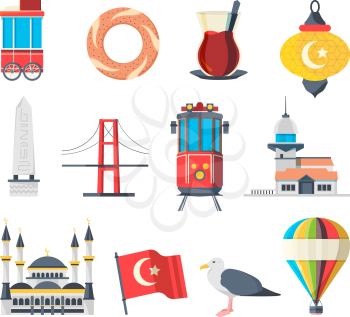 Turkey landmarks. Travellers set of istanbul cultural objects and muslim buildings national mosque vector pictures collection. Illustration istanbul landmark, turkey culture travel