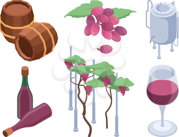 Winery isometric. Vineyard technology processes barrels for grape people bottling machines vector set. Illustration winery press, bottling production winemaking