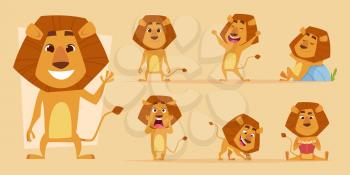 Lion cartoon. Wild african animal in action poses safari lions characters vector isolated. Lion predator happiness and scary, hungry and friendly mascot illustration