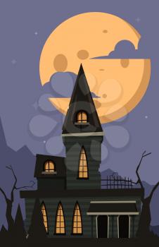 Halloween background. Scary horror castle moonlight night landscape in dark village with gothic mystery gothic house vector. Moonlight castle, seasonal cartoon halloween night illustration