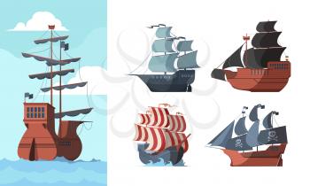 Pirate ship. Marine old transport ocean damaged wooden boat galleons vector pictures. Colection sail ship, galleon and marine boat illustration