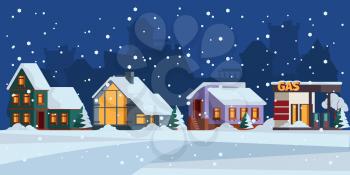 Winter landscape. Cottage snow facade christmas landscape vector colored background. Architecture exterior christmas, xmas building scene illustration