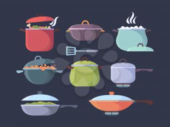 Gas stove boiling food. Preparing different products cooking pan and pots steam and smell visualization vector. Illustration saucepan cooking soup on stove, preparation use kitchenware