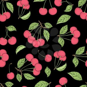 Cherry pattern. Vector seamless background with healthy fruits natural colored products. Seamless healthy fruit, summer cherry organic pattern illustration