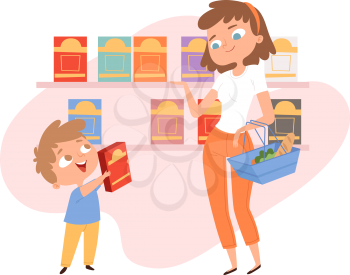 Shopping with child. Mother son in grocery store. Woman with shop basket, boy cornflakes box. Cartoon family in food market, cute customers vector illustration. Mother and son choosing food in grocery