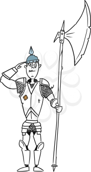 Cartoon vector old fantasy medieval knight royal guard soldier with armor and halberd axe