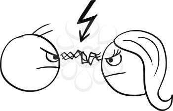 Cartoon vector of man and woman in quarrel fight with flash between their eyes and lightning bold symbol above their heads