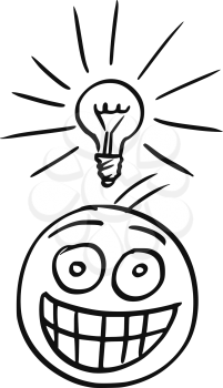 Cartoon vector of man with shining light bulb above his head and with great happy smile. Man just got great idea.