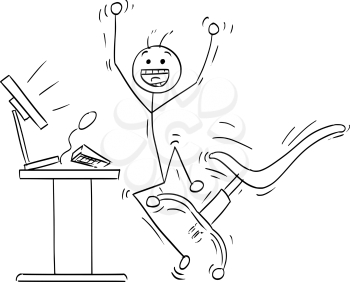 Cartoon vector stick man stickman drawing of happy man jumping in front of the desktop computer to celebrate a success . Office chair, keyboard and display are flying around.